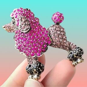 Pink + Black Rhinestones Poodle Brooch